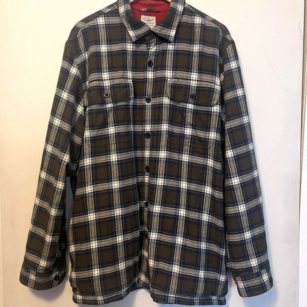 LL Bean Brown Spring Traditional Fit Plaid Flannel Fleece Lined Jacket Size L